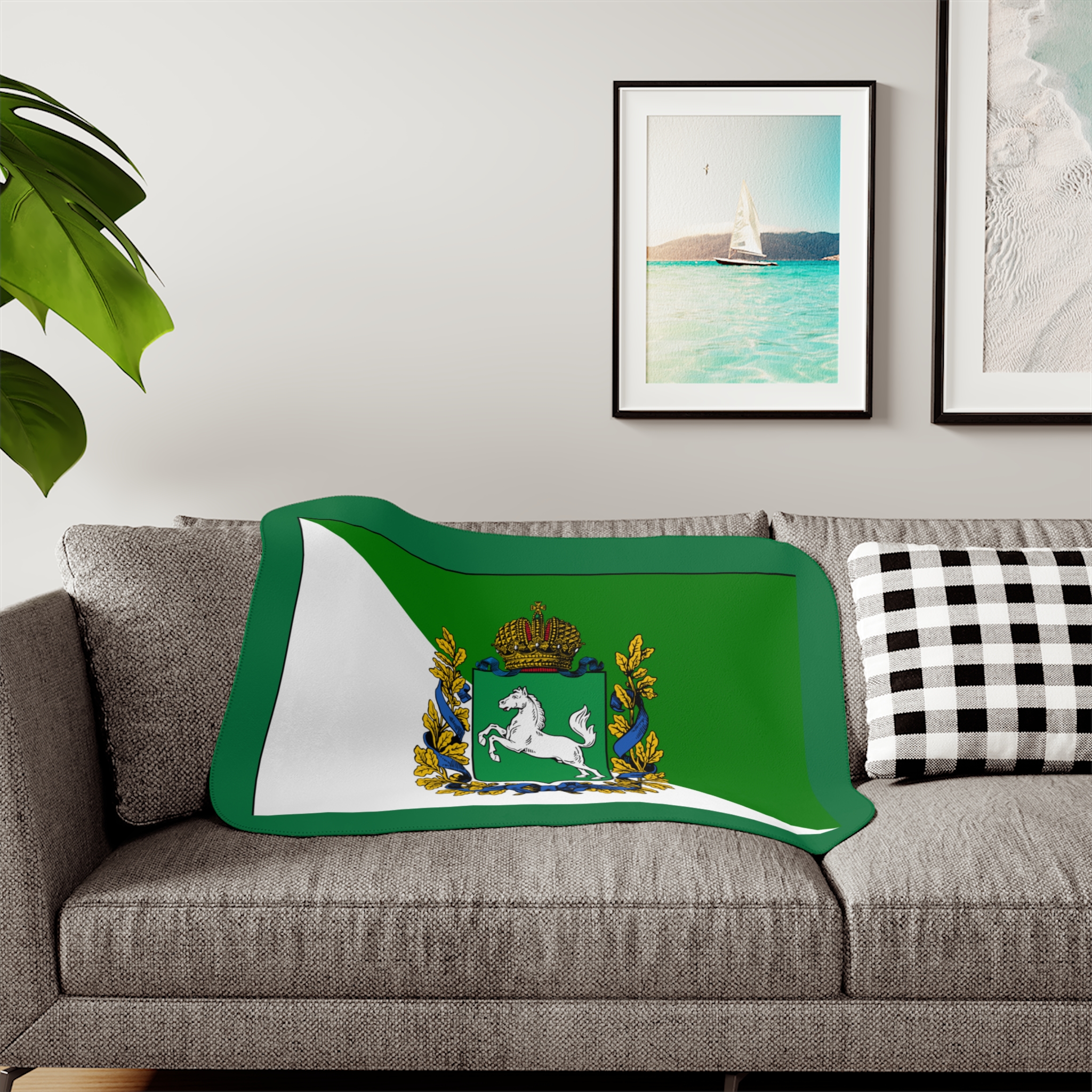 Green & White Sherpa Blanket with Heraldic Crest — Cozy Reversible Throw — изображение 3